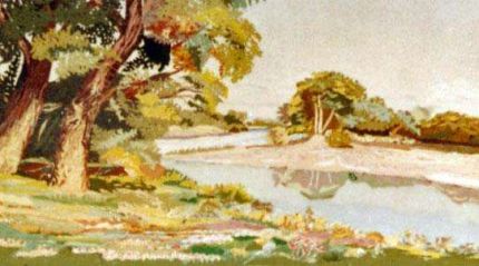 Cotton Woods on the River - A Cloth Collage by Grace Leonard