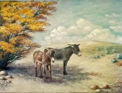 Two Burros and a Cottonwood - An Oil Painting by Grace Leonard