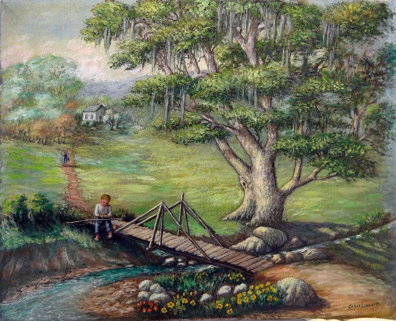 Boy Fishing From Bridge - painting by Grace Leonard