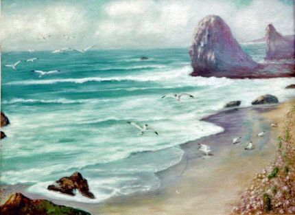 Ocean and Rocks 002 - An Oil Painting by Grace Leonard