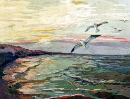 Seagulls at Sunset - A Cloth Collage by Grace Leonard